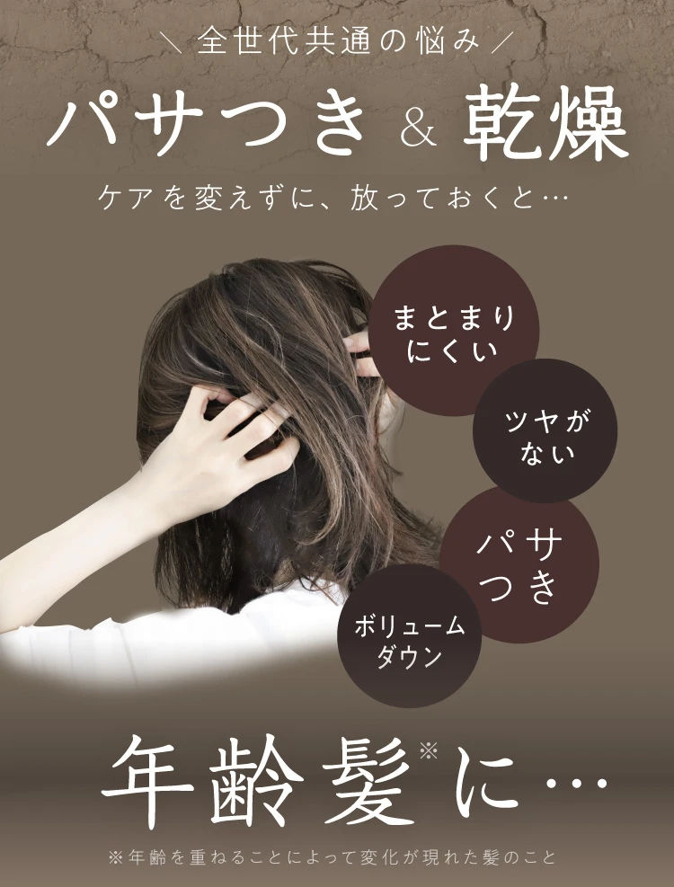 パサつき&乾燥 ケアを変えずに放っておくと…まとまりにくい、ツヤがない、パサつき、ボリュームダウン…年齢髪に…