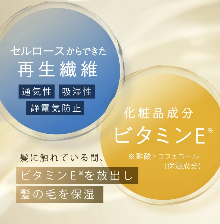 セルロースからできた再生繊維×化粧品成分ビタミンE 髪に触れている間、ビタミンEを放出し、髪の毛を保湿
