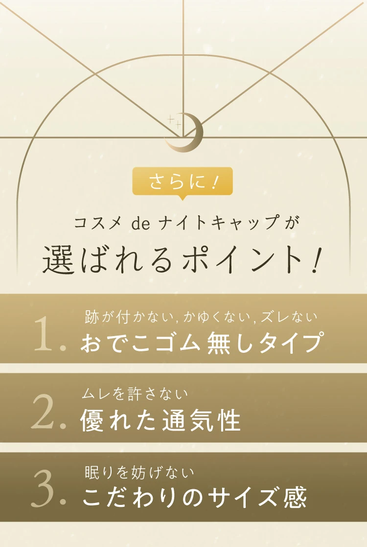 後がつかない、かゆくない、ズレない おでこゴム無しタイプ ムレを許さない優れた通気性 眠りを妨げないこだわりのサイズ感