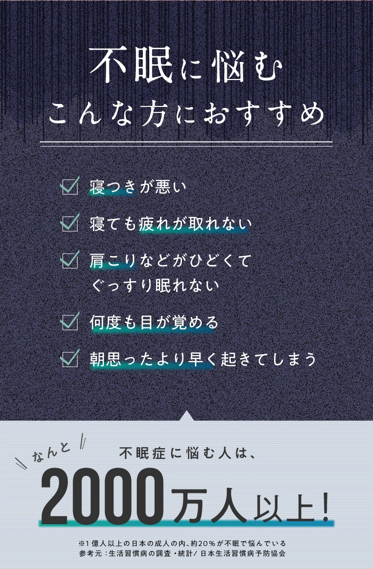 不眠に悩むこんな方におすすめ　寝つきが悪い　寝ても疲れが取れない　肩こりなどがひどくてぐっすり眠れない　何度も目が覚める　朝思ったより早く起きてしまう