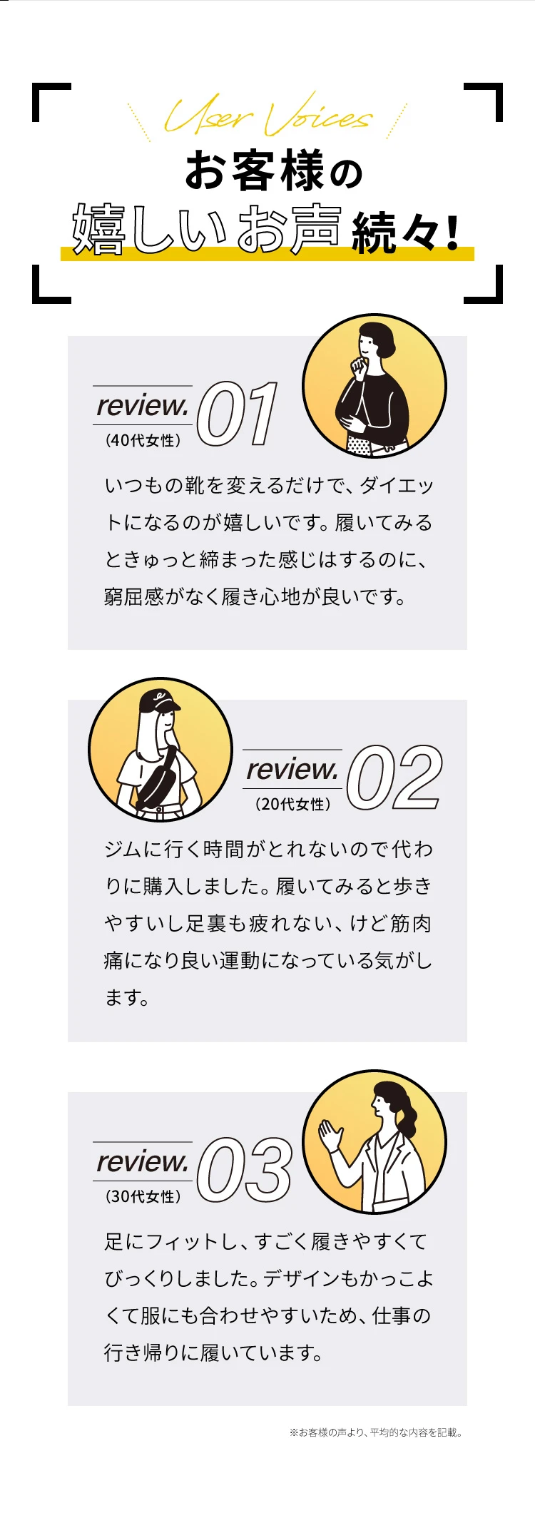 お客様の嬉しいお声続々！いつもの靴を変えるだけでダイエットになるのが嬉しい。ジムの代わりに購入しました。足にフィットし、すごく履きやすい。