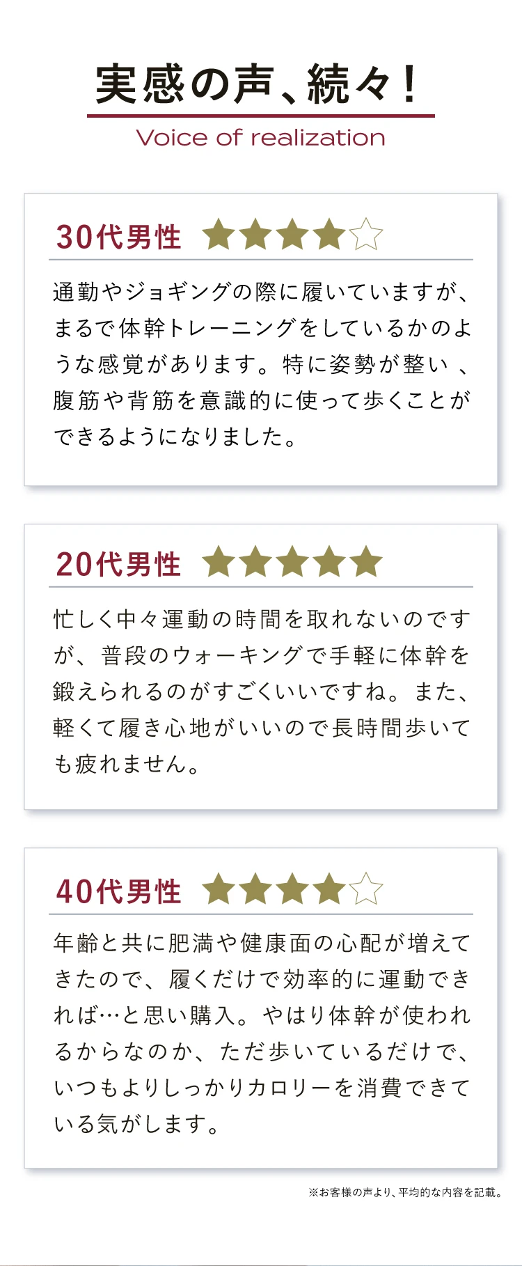 実感の声、続々！通勤やジョギングの際履いているがまるで体幹トレーニングをしているような感覚 忙しくても普段のウォーキングで手軽に体幹が鍛えられる ただ歩いているだけでいつもよりしっかりカロリーを消費できている気がする