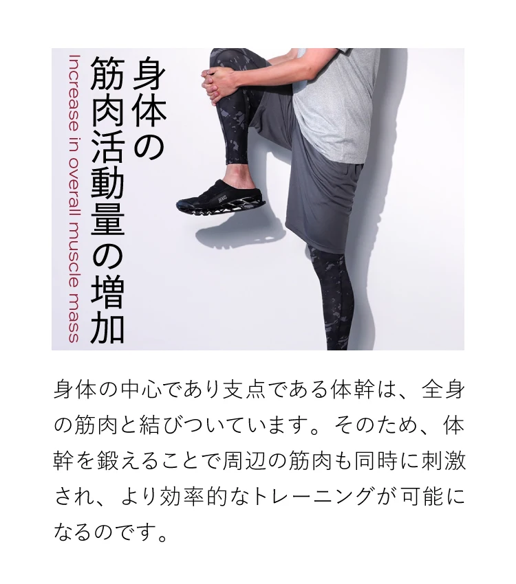 全身の筋肉活動量の増加 全身の筋肉と結びついている体幹を鍛えることで、周辺の筋肉も同時に刺激され、効率的なトレーニングに