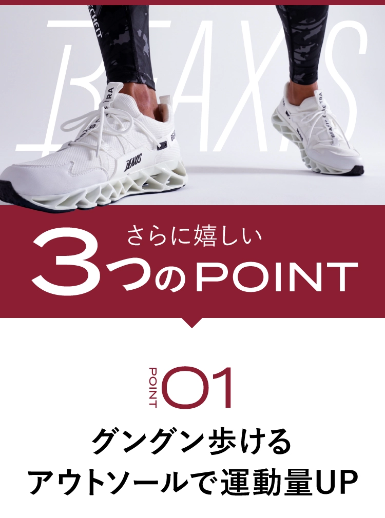 さらに嬉しい3つのPOINT　グングン歩けるアウトソールで運動量UP