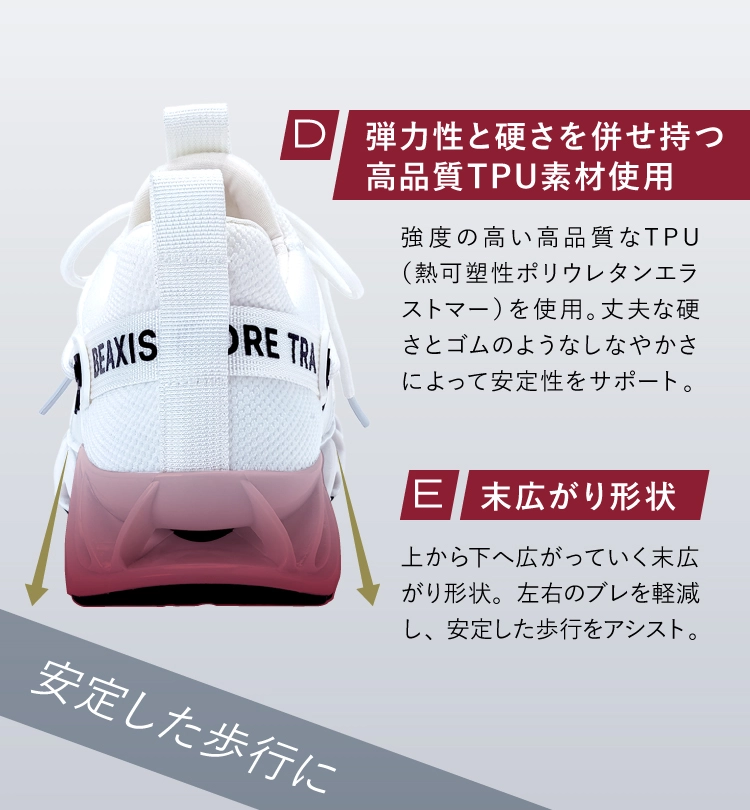 弾力性と肩さをあわせもつ高品質TPU素材使用、末広がり形状で安定した歩行に