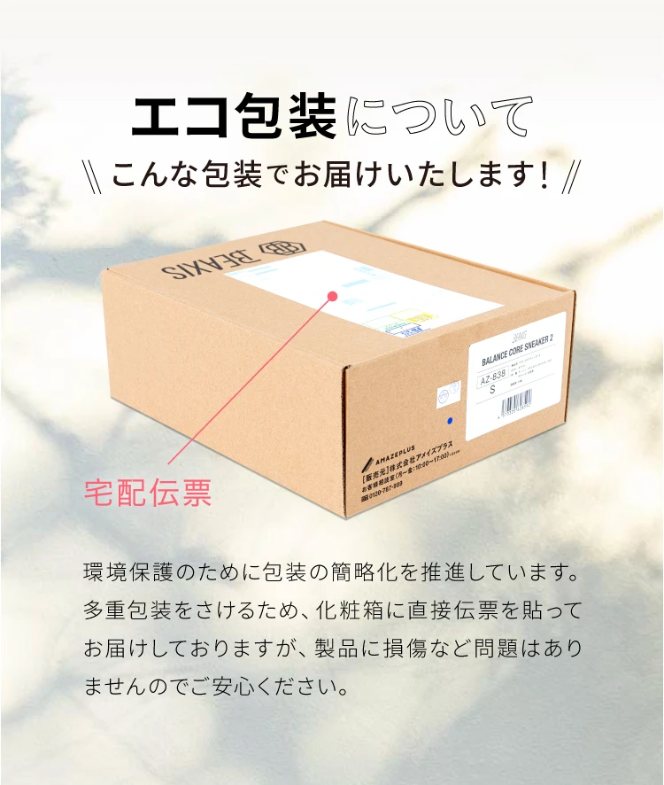 エコ包装について　多重包装をさけるため、化粧箱に直接伝票を貼ってお届けしております