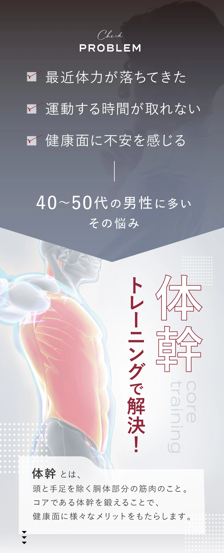 40代~50台の男性に多い悩みを体幹トレーニングで解決！