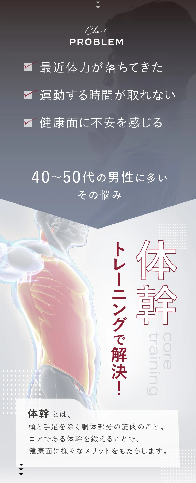 40代~50台の男性に多い悩みを体幹トレーニングで解決!