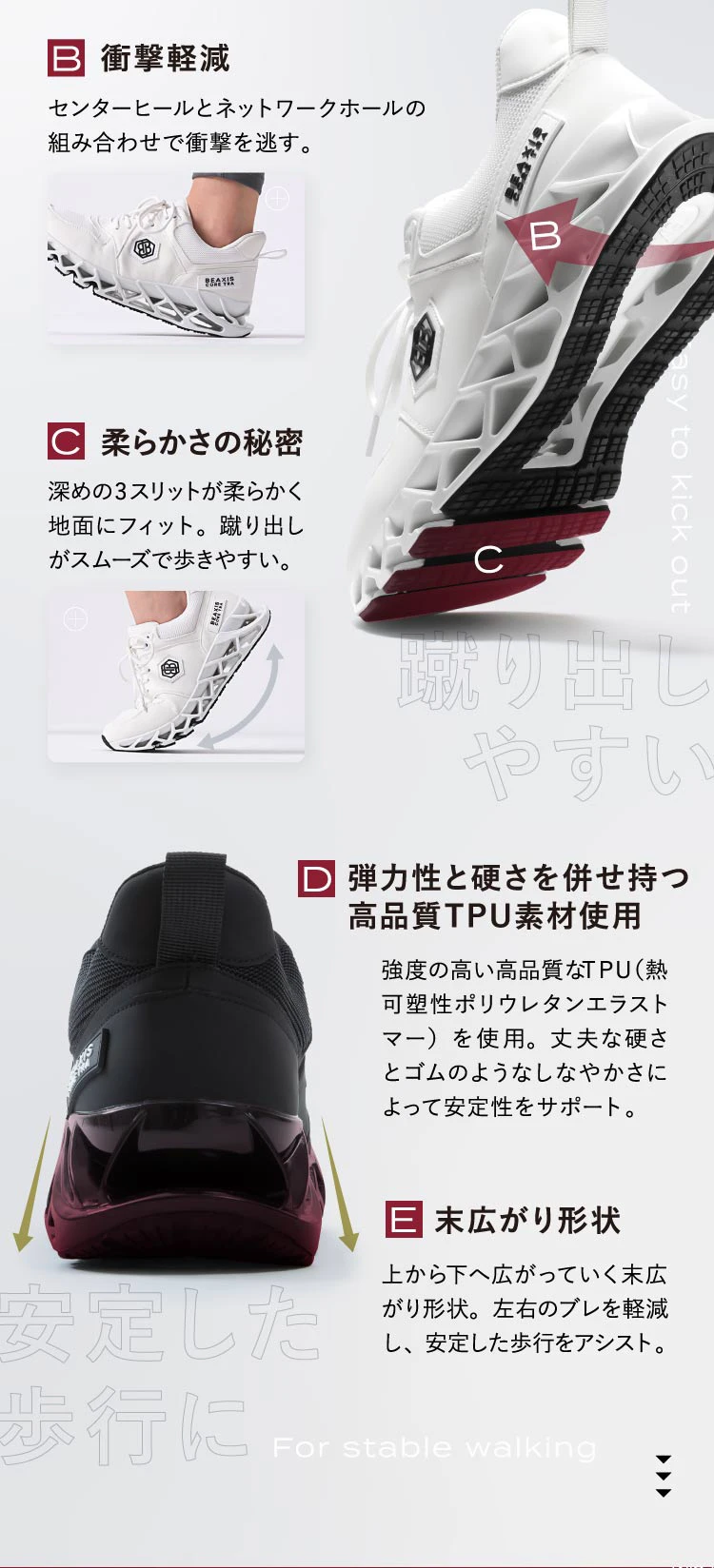 ネットワーククッション搭載 衝撃軽減 柔らかさの秘密 弾力性と硬さを併せ持つ高品質TPU素材使用 末広がり形状