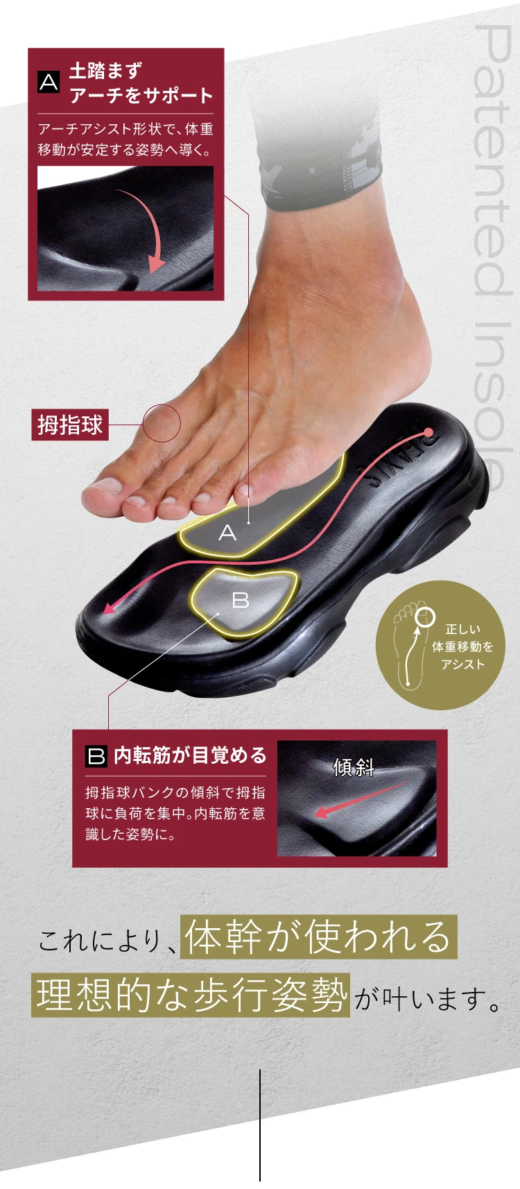 体幹が使われる理想的な歩行姿勢が叶います。