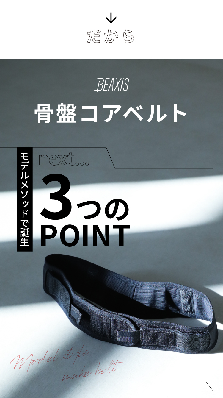 だから　BEAXIS　骨盤コアベルト　next… モデルメソッドで誕生　3つのPOINT