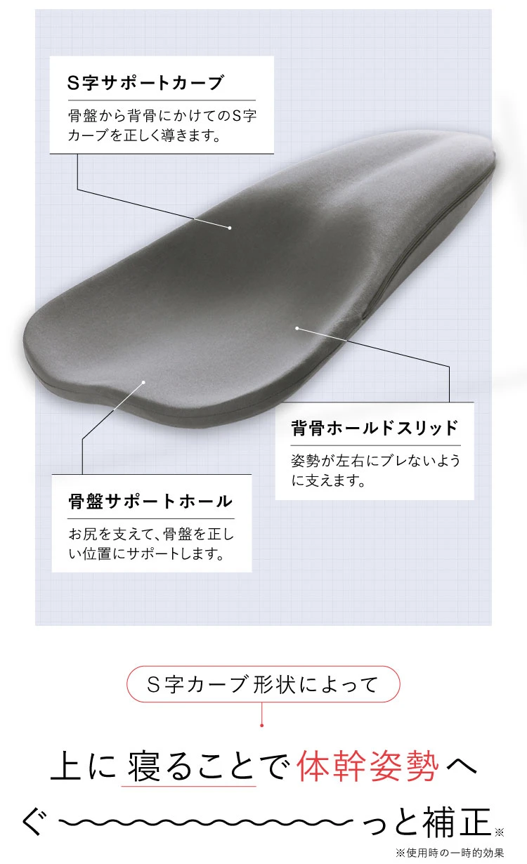 S字カーブ形状によって上に寝ることで体幹姿勢へぐ～っと補正