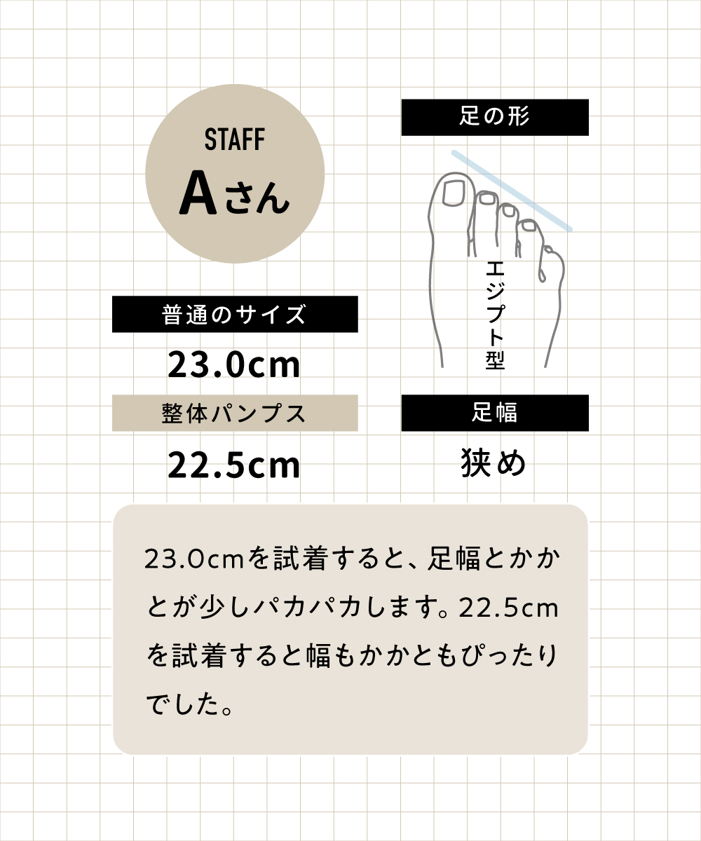 足幅は狭めのエジプト型で22.5cmがぴったり