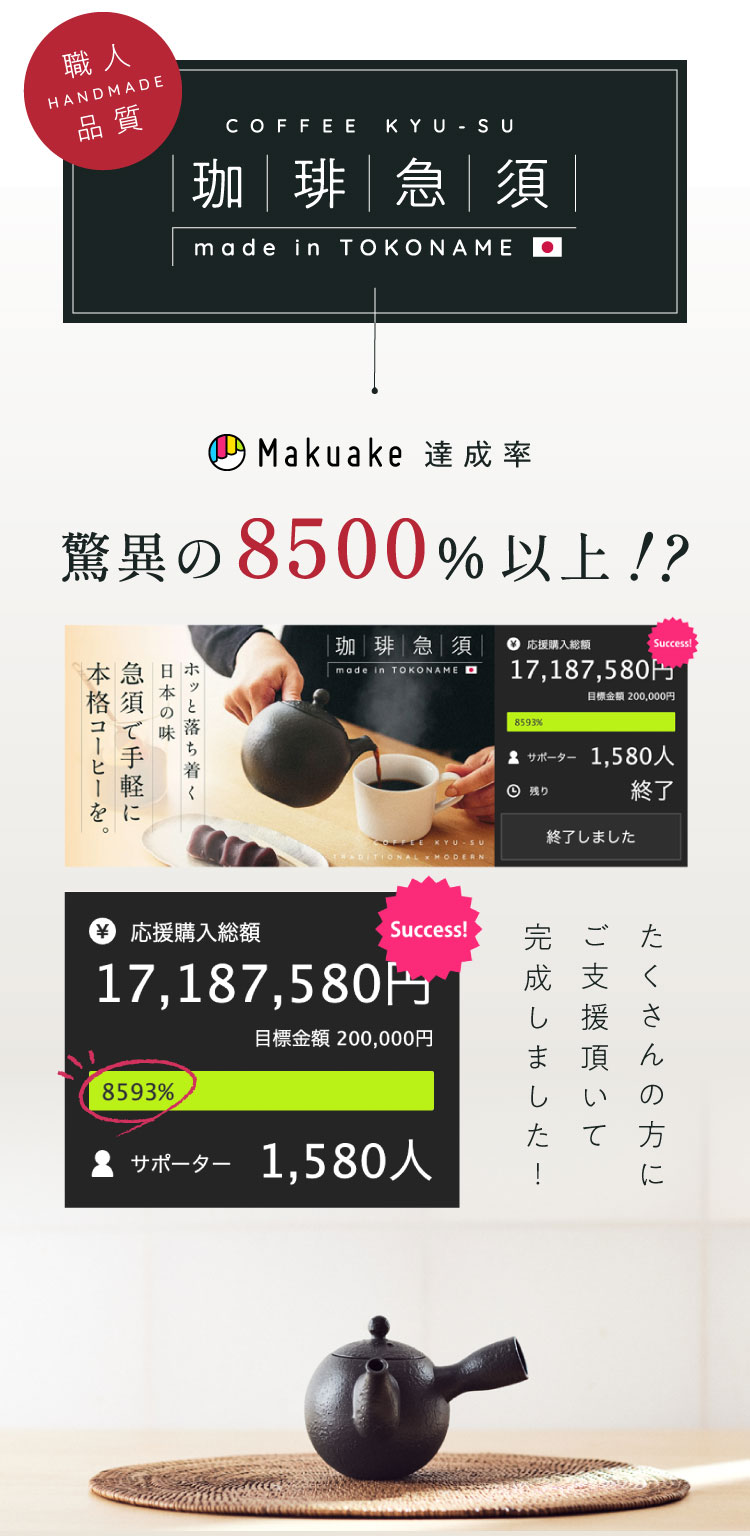 Makuake達成率 驚異の8500%以上！? 珋琲急須