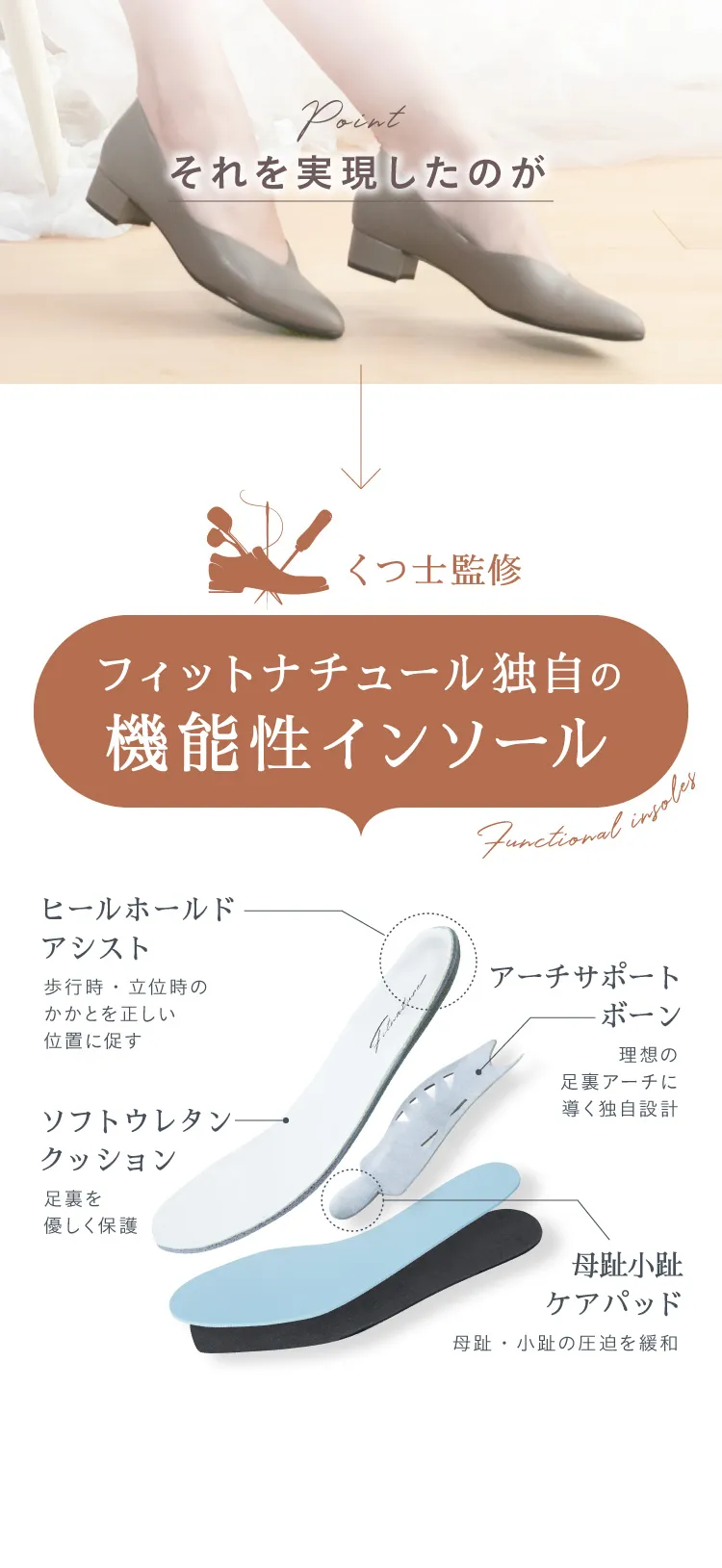 外反母趾のような、歩行に辛さが伴う足は「足先の保護×足裏アーチの安定」のWサポートによって、理想的な歩行バランスにすることが大切です。