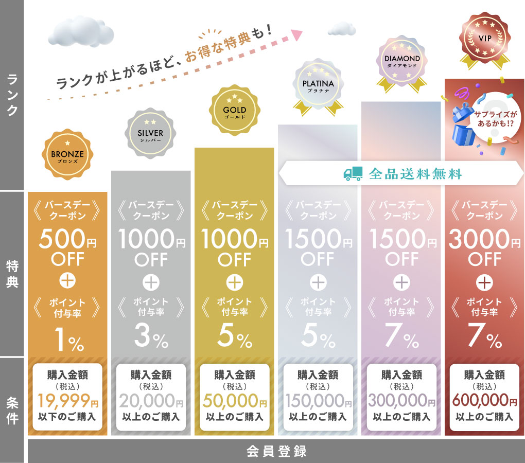 「ブロンズ・シルバー・ゴールド・プラチナ・ダイヤモンド・VIP」の6つのランクごとに、バースデークーポンやポイント付与率が違います。ランクが上がるほどお得!