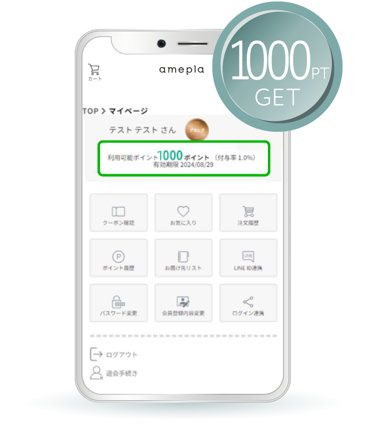 マイページに利用可能になった1000ポイントが反映されている図