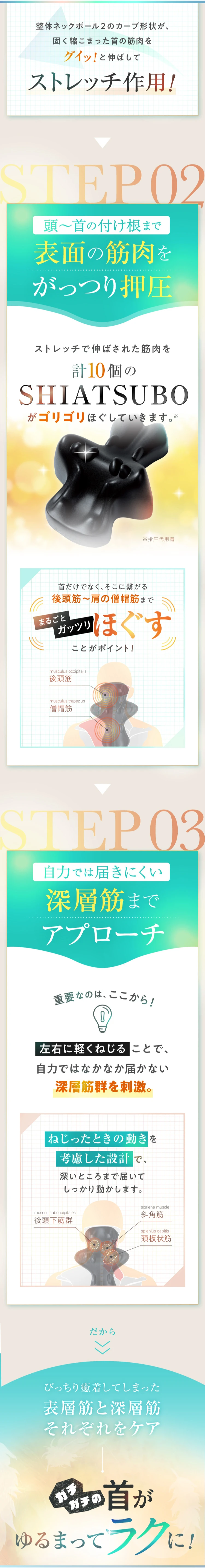 頭～首の付け根まで表面の筋肉をがっつり押圧