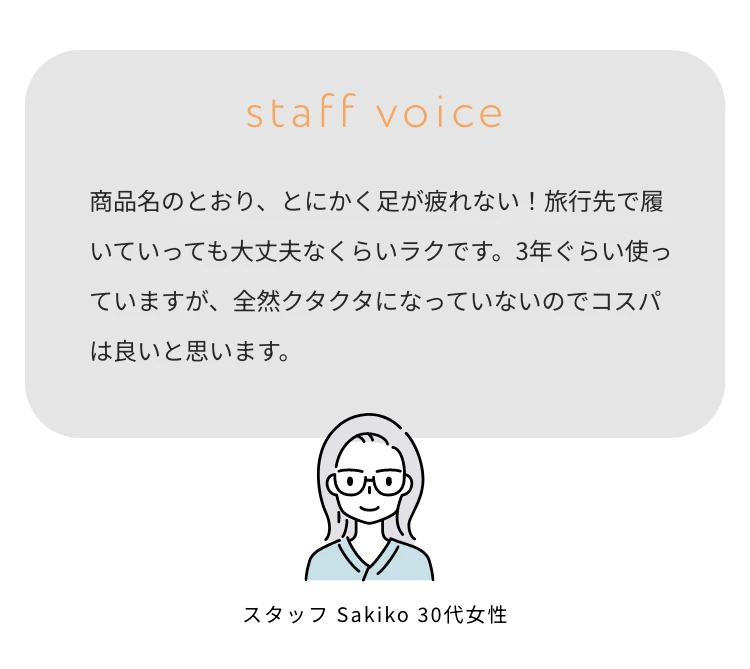 旅行先で履いていっても大丈夫なくらいラクです。3年ぐらい使っていますが、全然クタクタになっていないのでコスパは良いと思います。