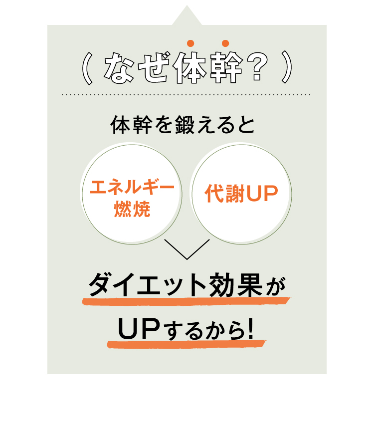 なぜ体幹？体幹を鍛えるとエネルギー
燃焼、代謝UPでダイエット効果がUPするから！