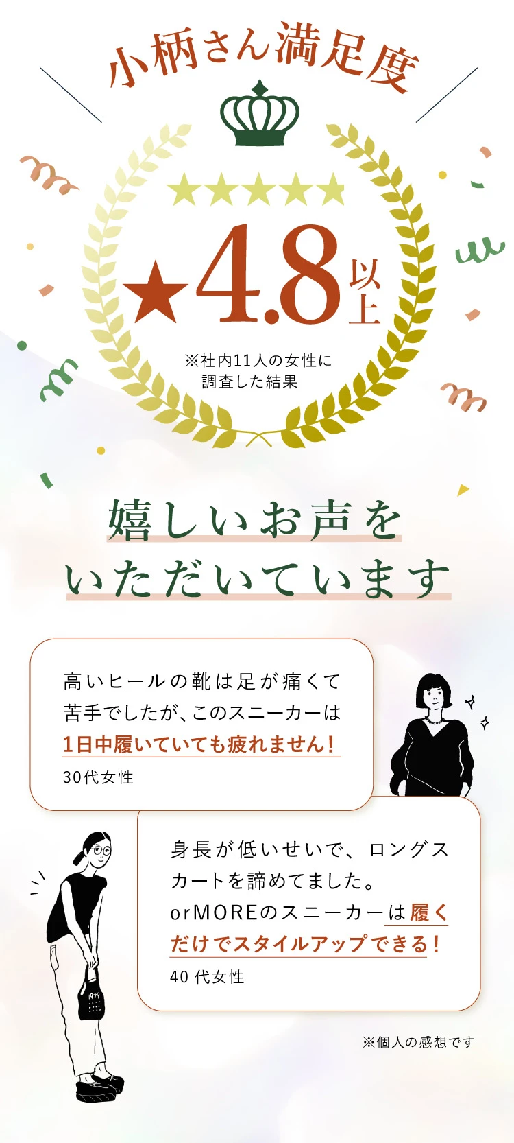 小柄さん満足度★4.8以上！嬉しいお声をいただいています 1日中履いていても疲れない！履くだけでスタイルアップ！