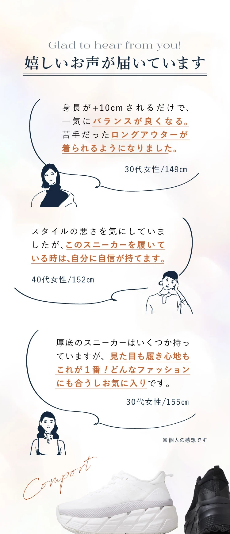 バランスが良くなる、ロングアウターが着られるようになった このスニーカーを履いている時は、自分に自信が持てる 見た目も履き心地もこれが一番！どんなファッションにも合う……嬉しいお声が届いています