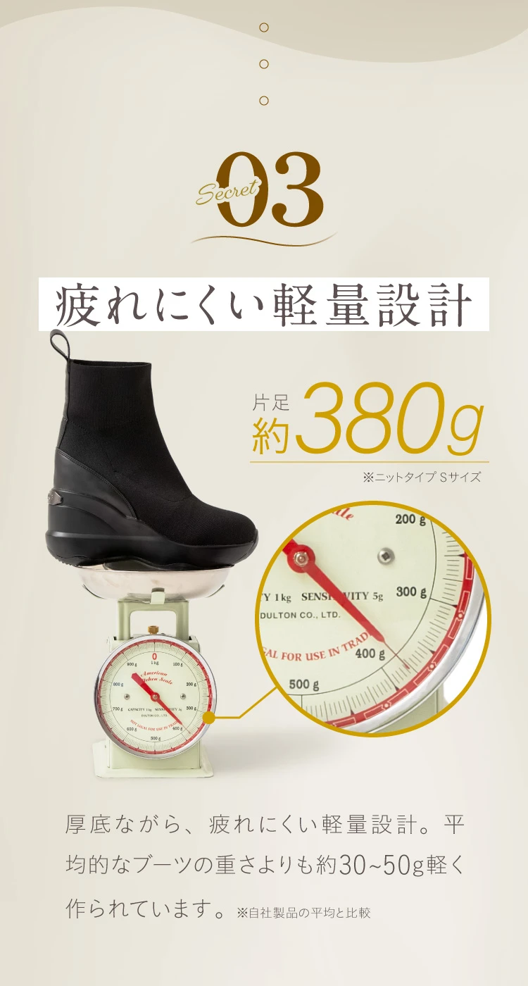 03 疲れにくい軽量設計。ライブで疲れない厚底シューズ
