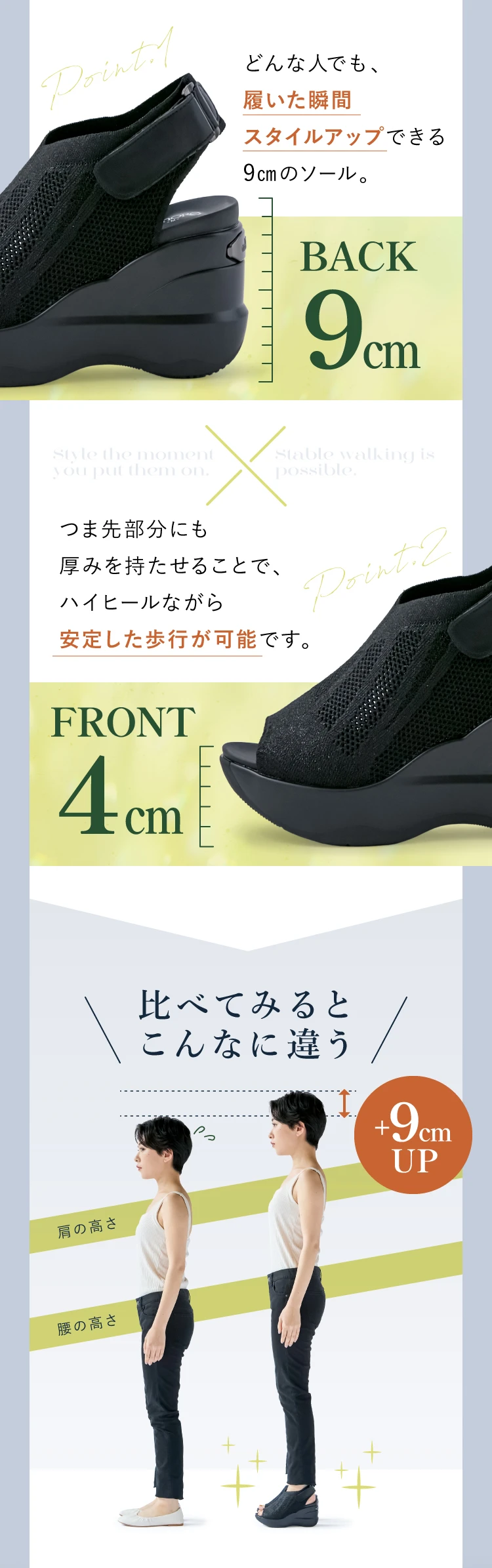 どんな人でも、履いた瞬間スタイルアップできる約9cmソール