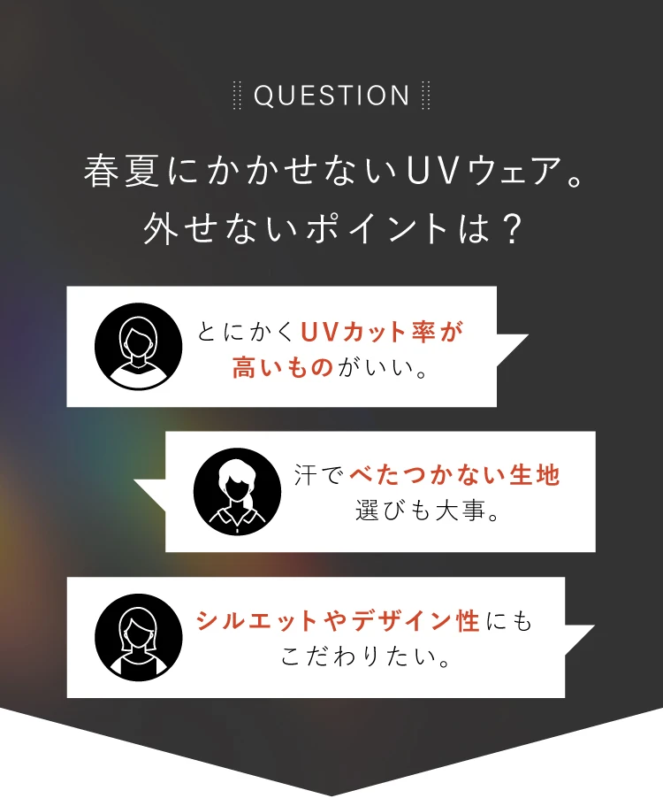 UVウェアには、とにかくUVカット率が高いものがいい。汗でべたつかない生地、シルエットやデザイン性にもこだわりたい