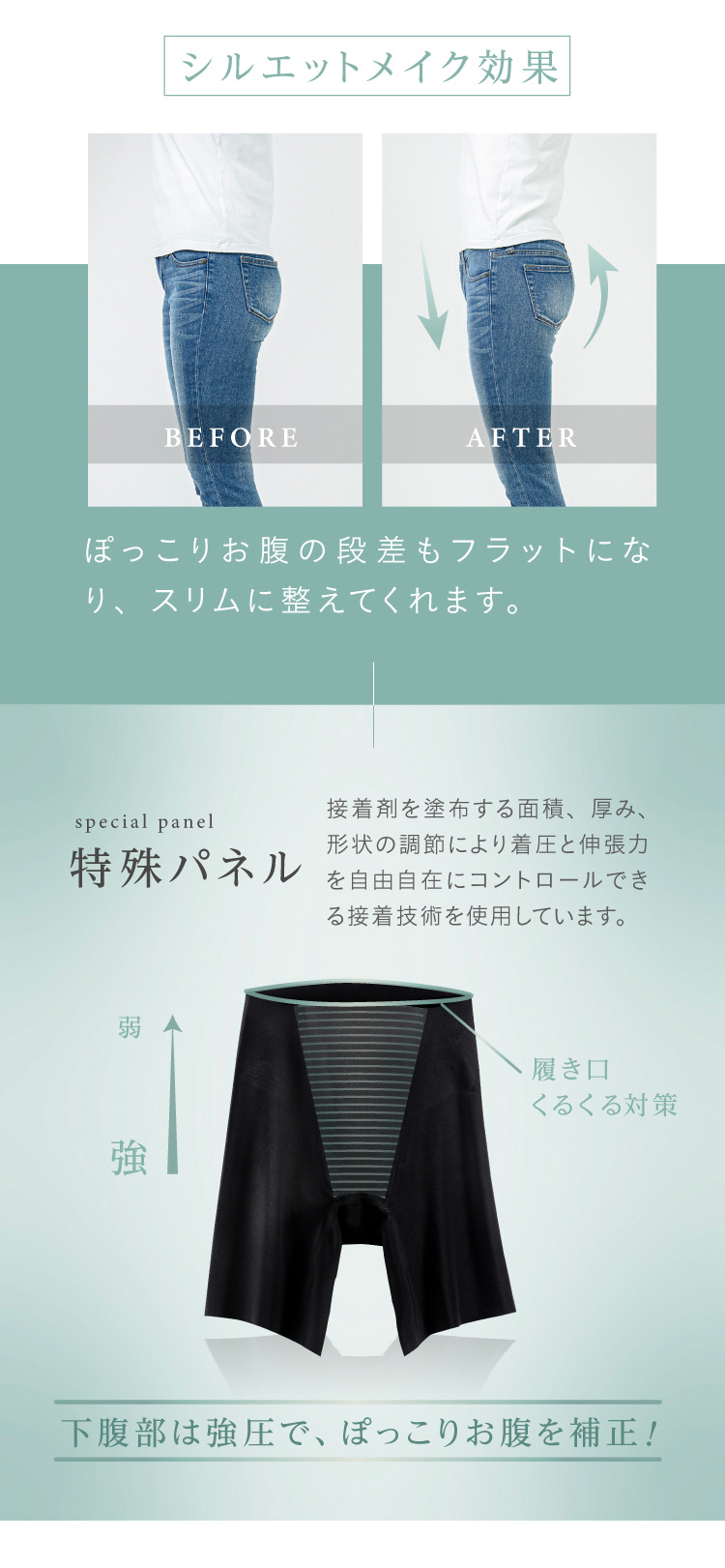 シルエットメイク効果　ぽっこりお腹の段差もフラットになり、スリムに整えてくれます。　特殊パネル　接着剤を塗布する面積、厚み、形状の調節により着圧と伸張力を自由自在にコントロールできる接着技術を使用しています。