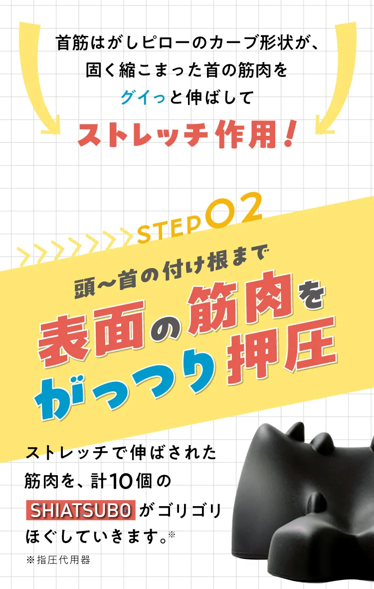 頭から首の付け根まで表面の筋肉をがっつり押圧