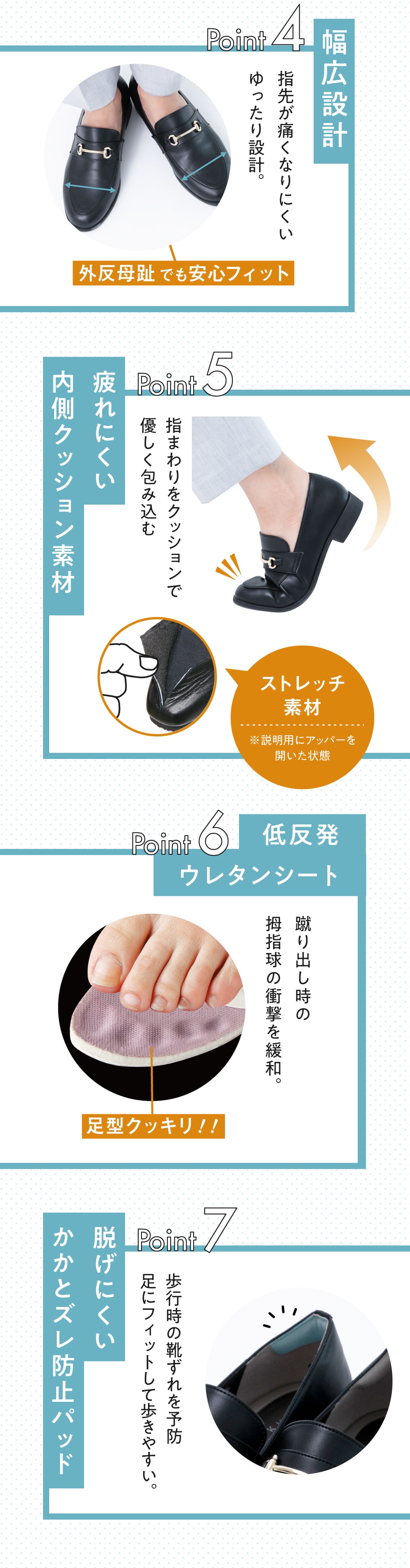 幅広4E 疲れにくい内側クッション素材 低反発ウレタンシート 脱げにくいかかとズレ防止パッド