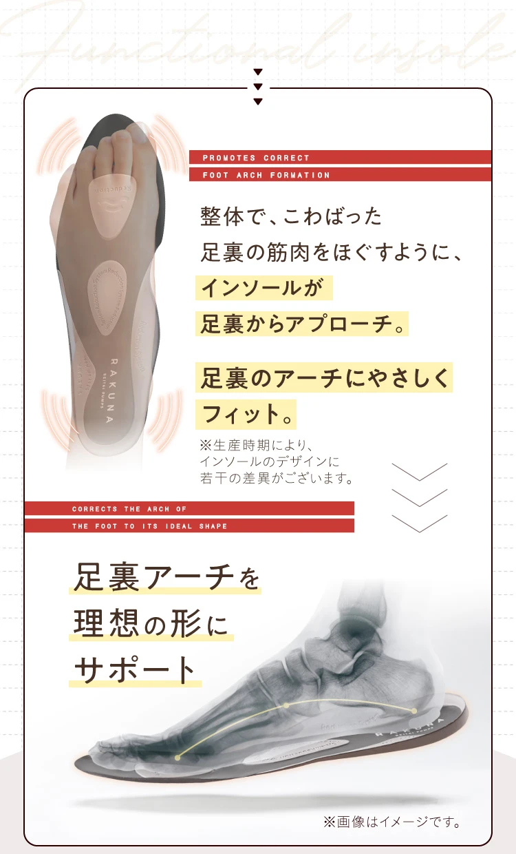 インソールが足裏からアプローチし、足裏のアーチにやさしくフィット 理想の形にサポート
