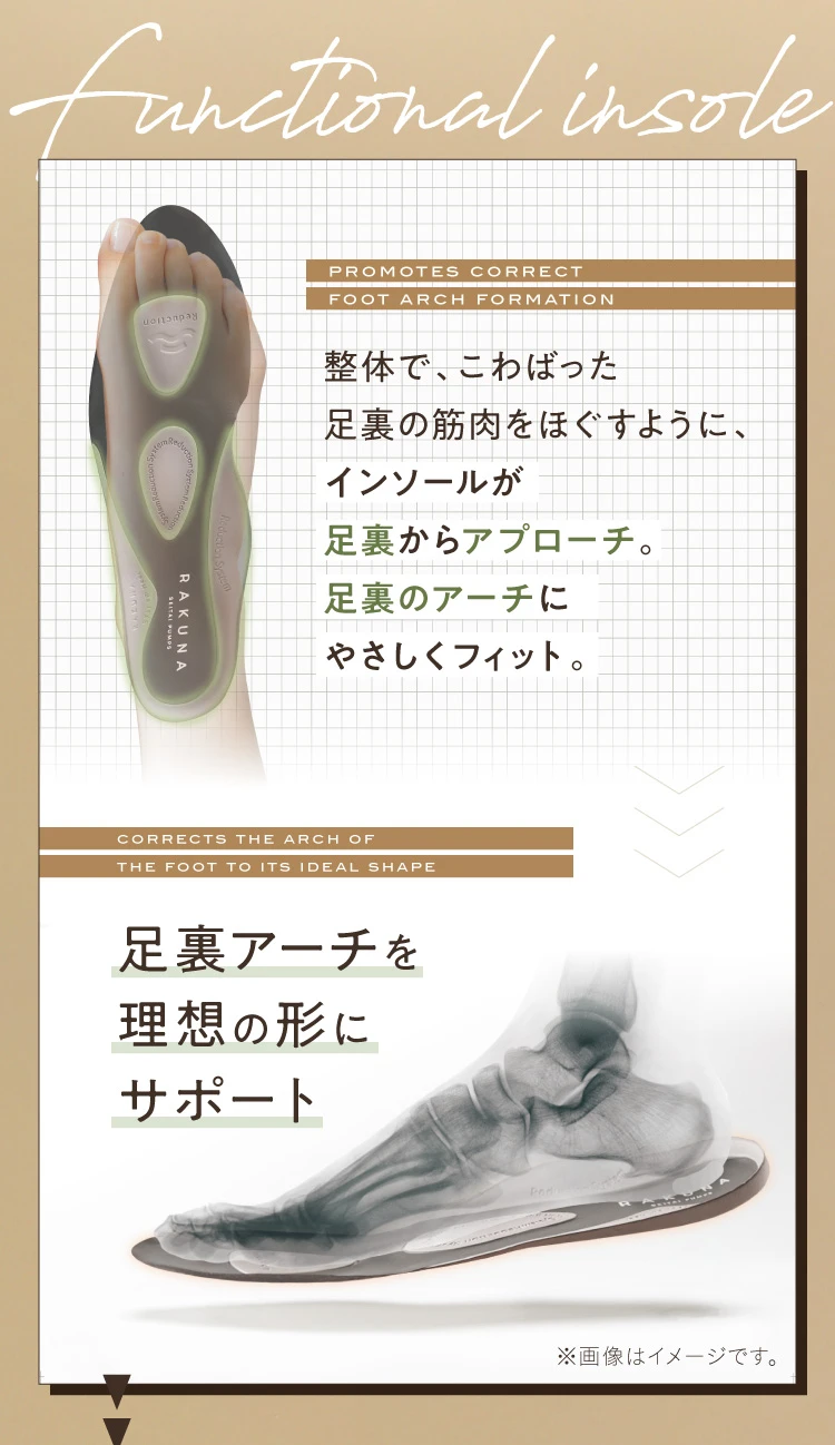 インソールが足裏からアプローチ 足裏のアーチにやさしくフィット 足裏アーチを理想の形にサポート