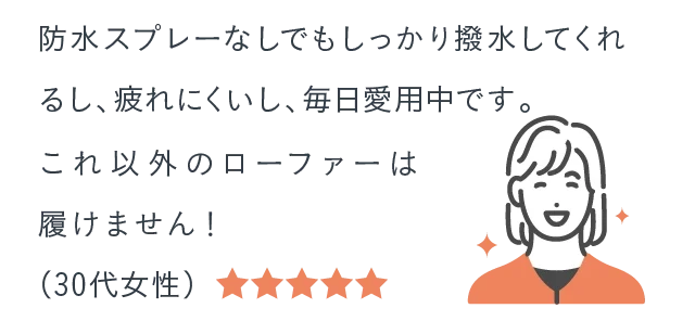 防水スプレーなしでもしっかり撥水してくれるし、疲れにくいし、毎日愛用中です。これ以外のローファーは履けません！