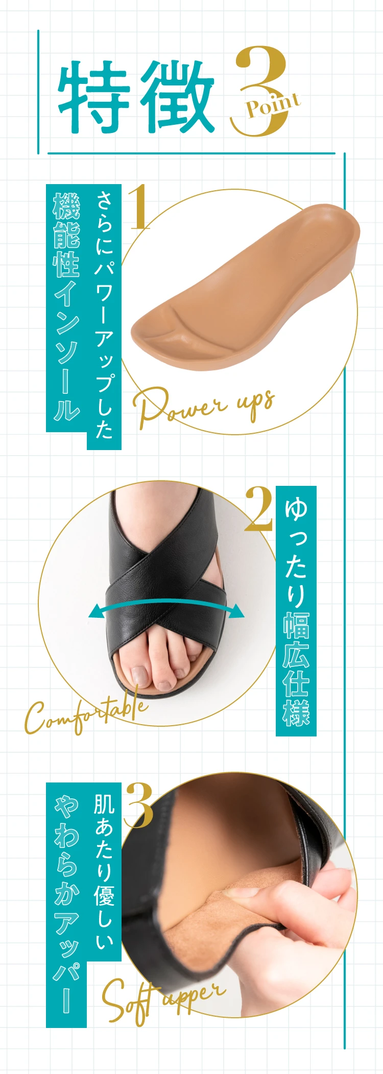 特徴 さらにパワーアップした機能性インソール ゆったり幅広仕様 肌あたり優しいやわらかアッパー