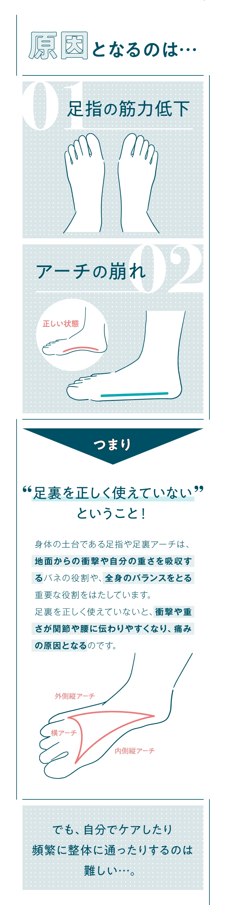 原因となるのは　足指の筋力低下　アーチの崩れ　つまり、足裏を正しく使えていないということ！