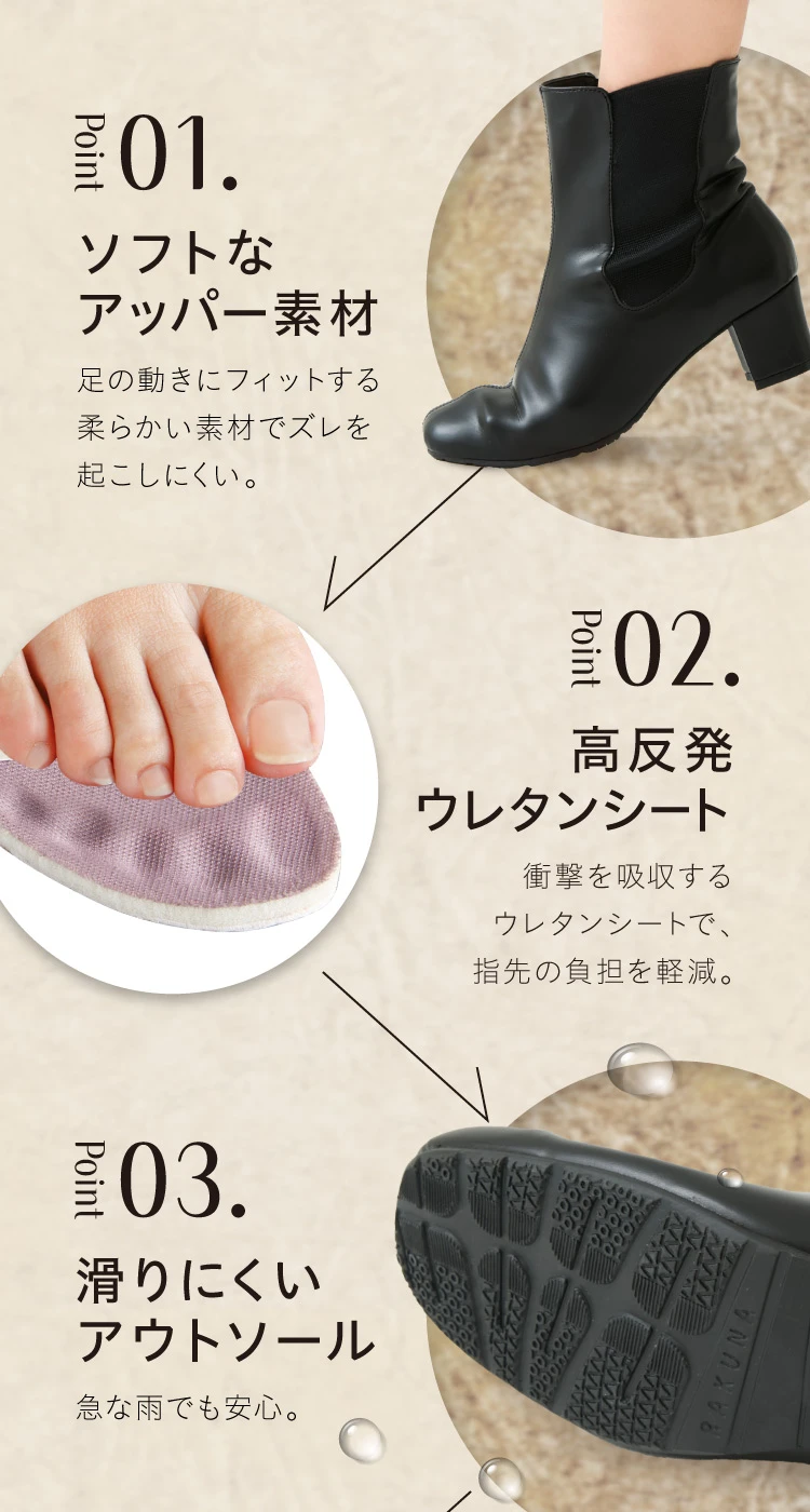 ソフトなアッパー素材／高反発ウレタンシート／滑りにくいアウトソール