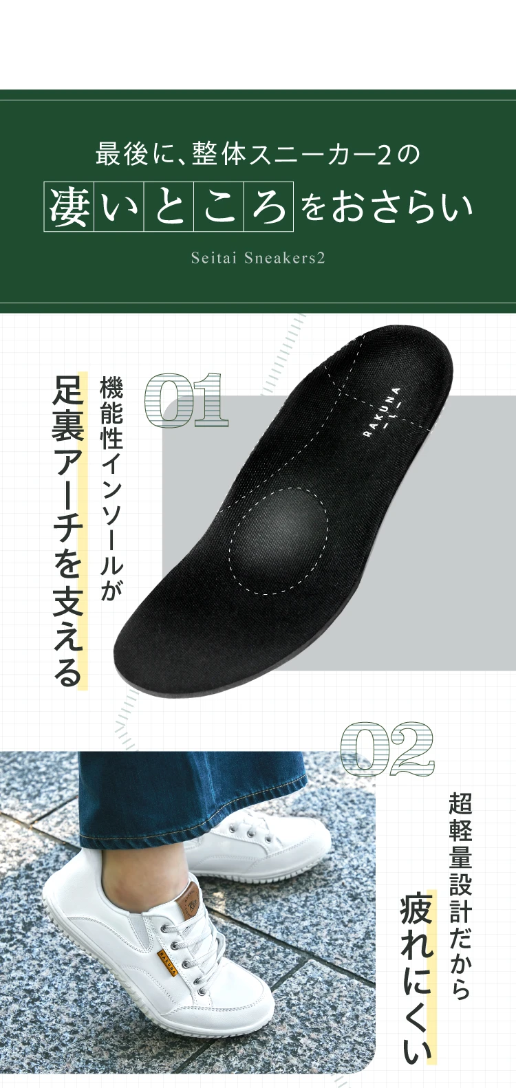 最後に、整体スニーカー2の凄いところをおさらい！ POINT.01 機能性インソールが足裏アーチを支える POINT02. 超軽量設計だから疲れにくい