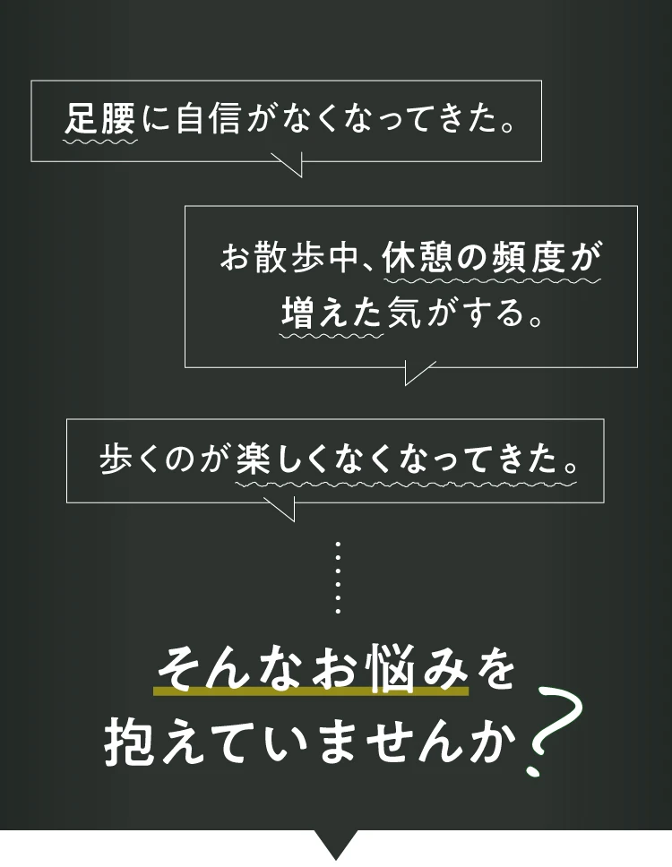 足腰に自信がなくなってきた お散歩中、休憩の頻度が増えた 歩くのが楽しくなくなってきたなどお悩みを抱えていませんか?