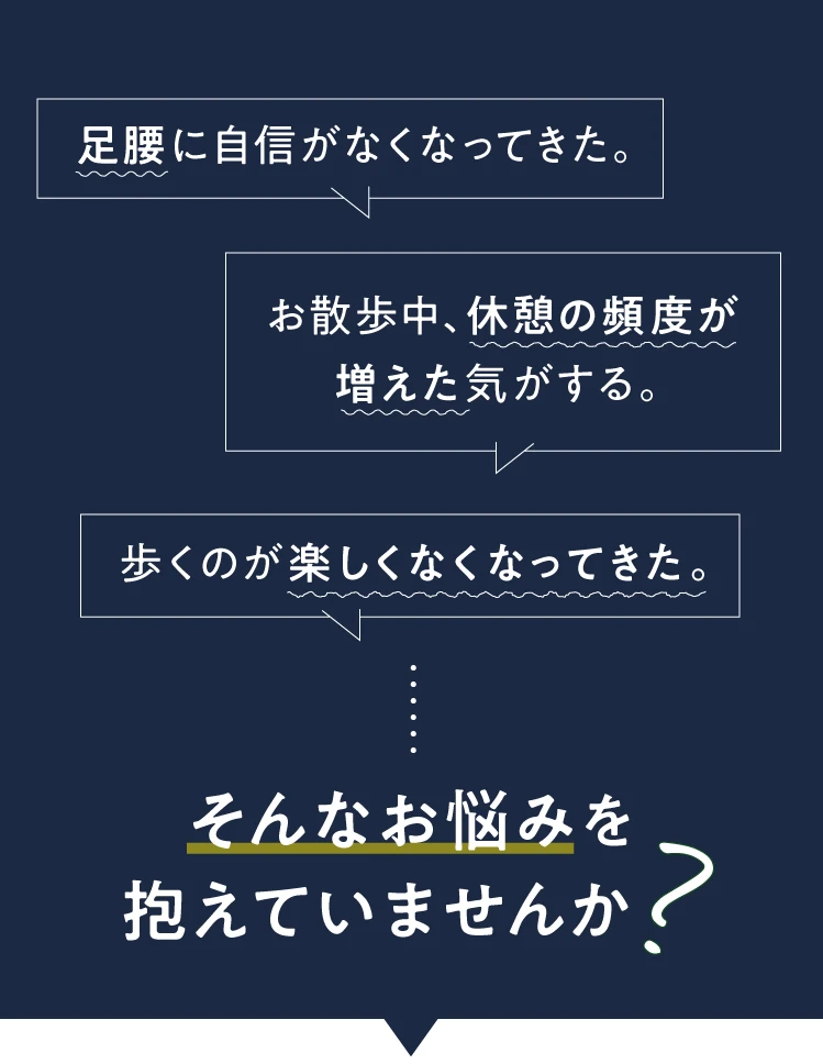 足腰に自信がなくなってきた お散歩中、休憩の頻度が増えた 歩くのが楽しくなくなってきたなどお悩みを抱えていませんか?