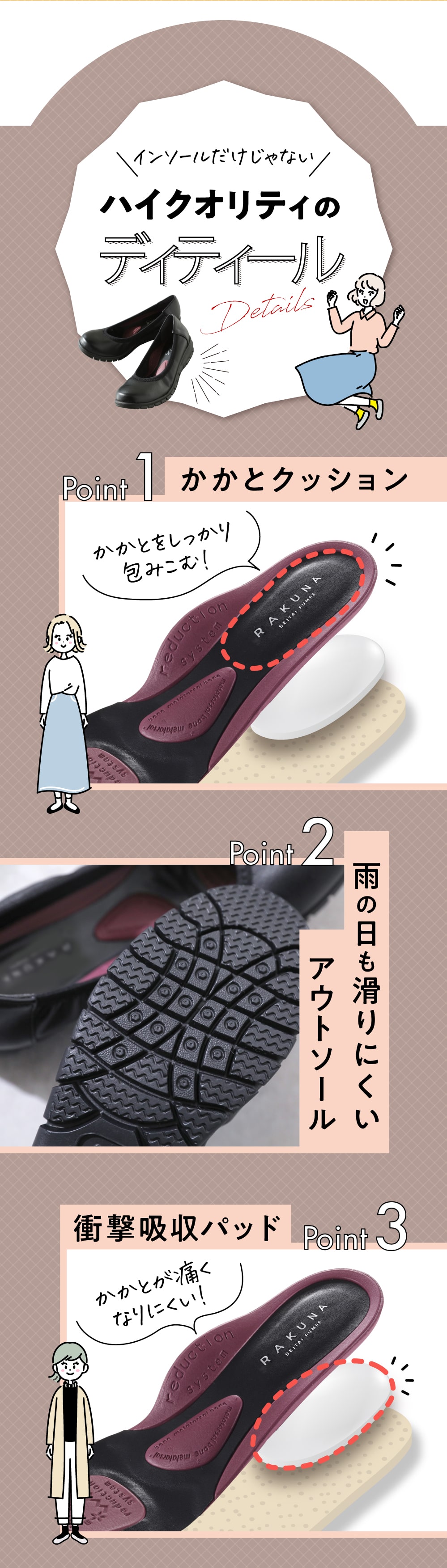 ハイクオリティのディティール　かかとクッション、滑りにくいアウトソール、衝撃吸収パッド