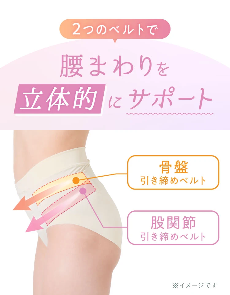 ２つのベルトで腰まわりを立体的にサポート