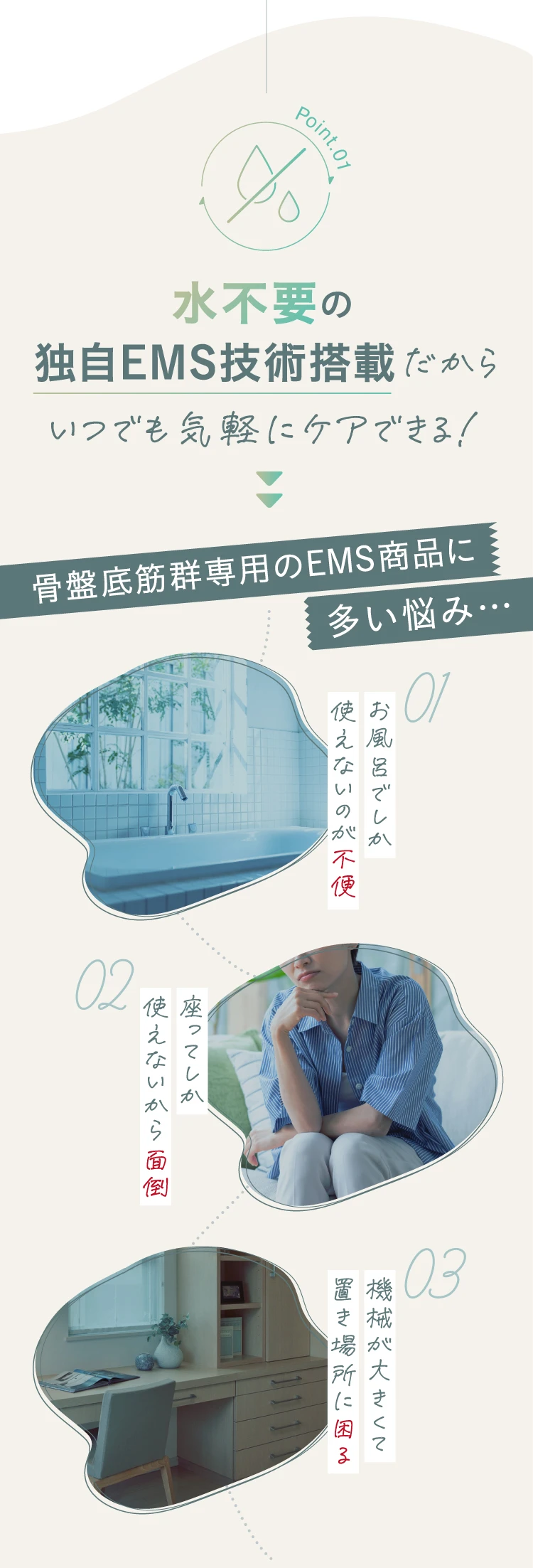水不要の独自EMS技術搭載だからいつでも気軽にケアできる