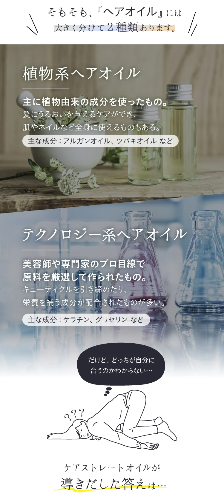 ヘアオイルには「植物系」「テクノロジー系」の2種類
