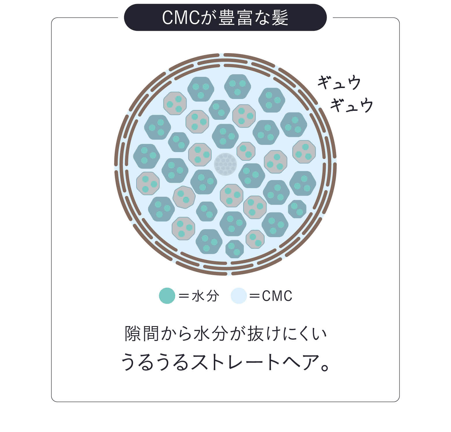 CMCが豊富な髪　隙間から水分が抜けにくいうるうるストレートヘア。