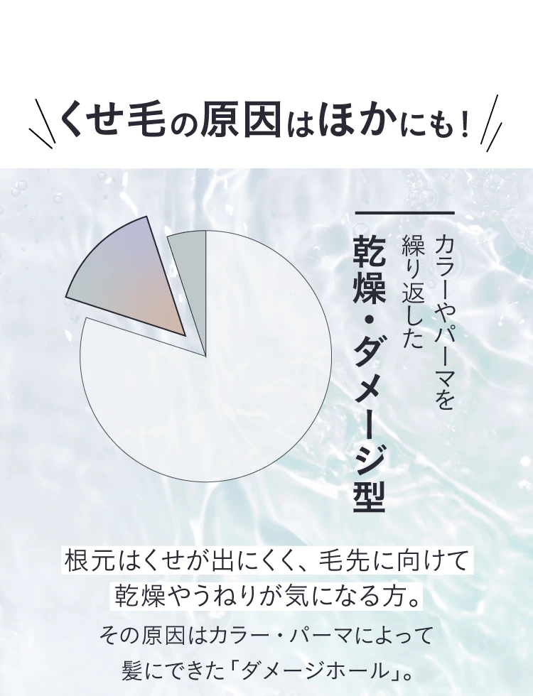 くせ毛の原因は他にも！カラーやパーマを繰り返した乾燥・ダメージ型 根本はくせが出にくく、毛先に向けて乾燥やうねりが気になる型。その原因はカラー・パーマによって髪にできた「ダメージホール」