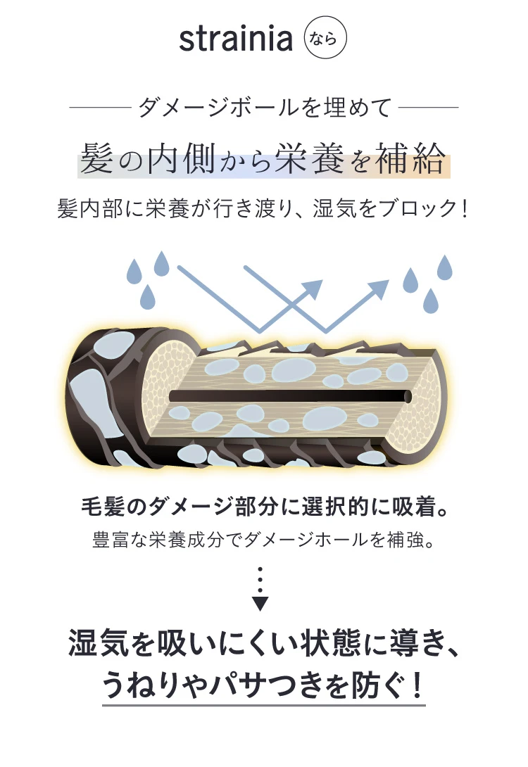 ストレーニアなら、ダメージホールを埋めて髪の内側から栄養を補給。髪内部に栄養が行き渡り、湿気をブロック！湿気を吸いにくい状態に導き、うねりやパサつきを防ぐ！