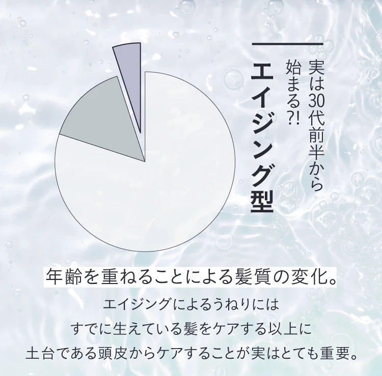 実は30代前半から始まる？！エイジング型 年齢を重ねることによる髪質の変化。エイジングによるうねりにはすでに生えている髪をケアする以上に、土台である頭皮からケアすることが実はとても重要