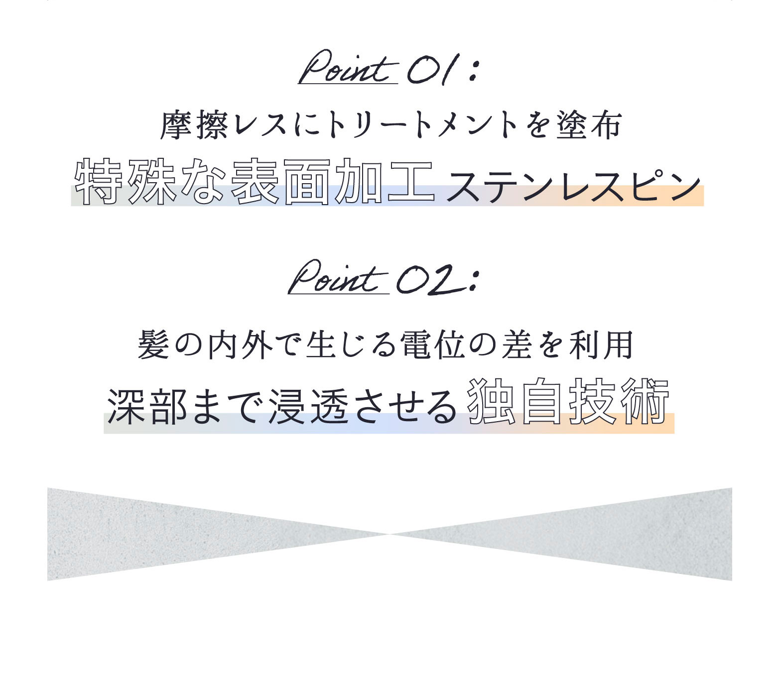 point01.摩擦レスにトリートメントを塗布！特殊な表面加エステンレスピン point02.髪の内外で生じる電位の差を利用！深部まで浸透させる独自技術